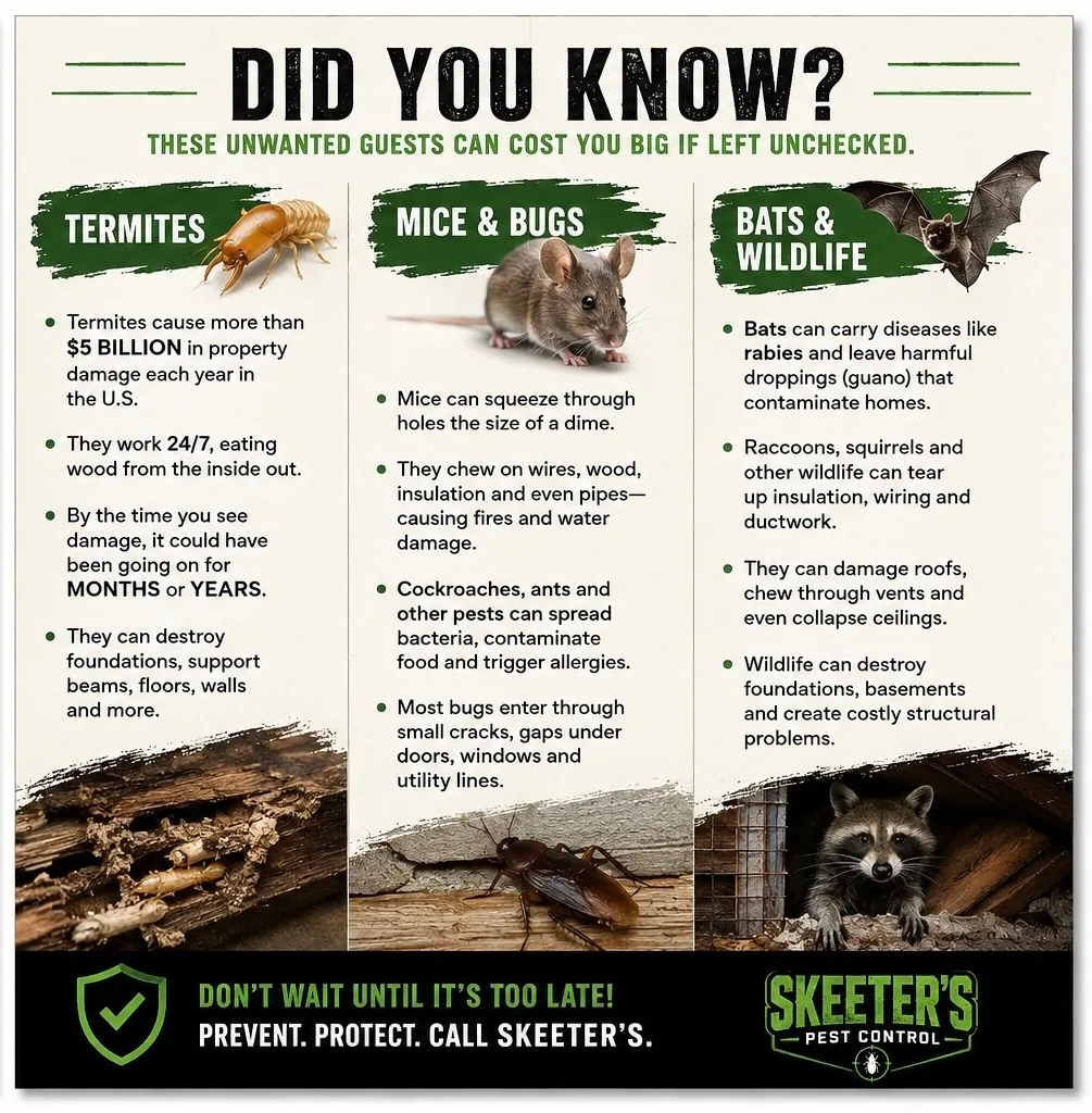 Did You Know? Infographic: termites, mice and bugs, bats and wildlife can cost Wilkes County NC homeowners big if left unchecked. Prevent, protect, call Skeeter's Pest Control.