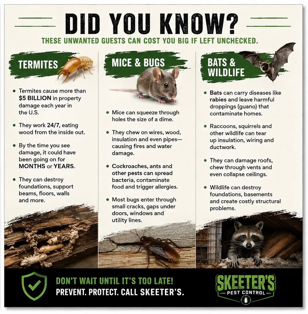 Did You Know? Termites, mice and bugs, bats and wildlife can cost you big if left unchecked. Prevent, protect, call Skeeter's