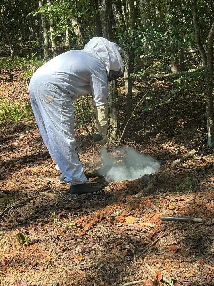 Skeeter's Pest Control technician in a bee suit bagging a removed ground nest